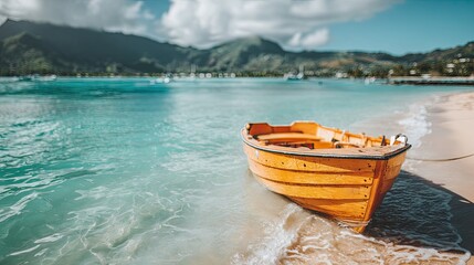Yellow Wooden Rowboat on a Sunny Tropical Beach