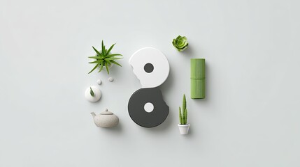 Yin Yang Symbol with Green Plants and Stones on Light Grey Background
