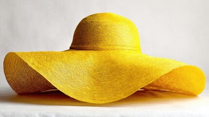 Yellow Wide Brim Straw Sun Hat on White Background
