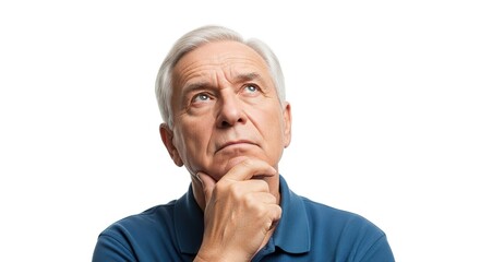 Obraz premium Elderly man with hand on chin thinking deeply with thoughtful expression isolated on white background