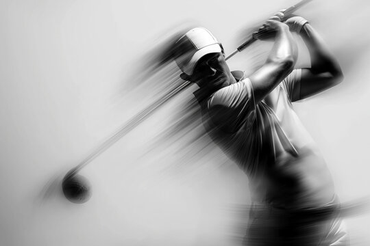 A powerful golf swing captured in side-angle with motion blur shows only the arms, club, and streaking ball—bold, photorealistic, and minimalist, perfect for luxury sports branding.