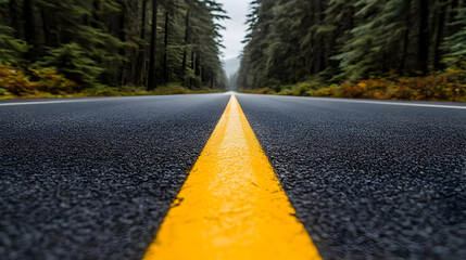 Asphalt road with yellow center line stretching into a forest.