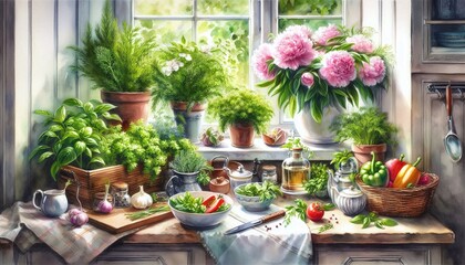 Fresh Herbs and Vegetables Kitchen Garden on Windowsill with Flowers