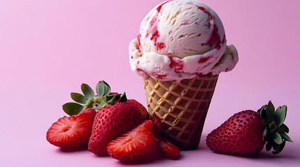 A scoop of vibrant strawberry ice cream in a classic waffle cone, adorned with fresh strawberries, set against a pastel pink solid background.