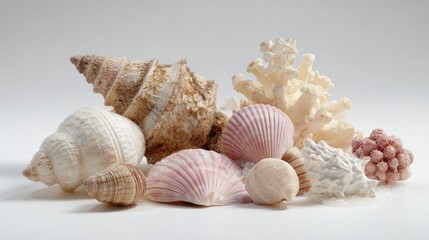 Seashells and Coral Group on White Background