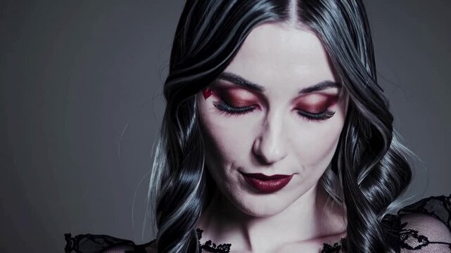 Gothic woman with intense eyes and black hair with white highlights