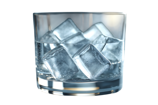A glass filled with water and several ice cubes
