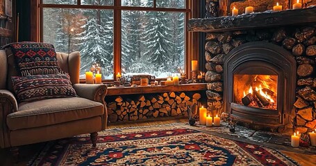 Cozy winter fireplace living room