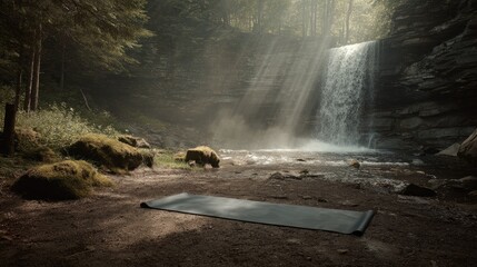Yoga Mat by Waterfall in Forest: Serene Nature Scene
