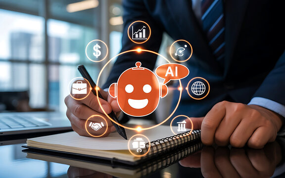 Businessman interacting with artificial intelligence chatbot and business icons in a modern office setting