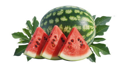 Fresh ripe watermelon with slices and leaves