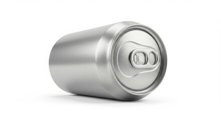 A sleek silver aluminum beverage can lies on its side isolated on white background