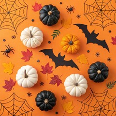 Flat Lay of White Pumpkins with Halloween Decorations on Orange Background