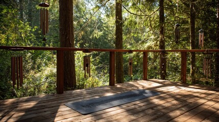 Yoga Mat on Wooden Deck in Sun-Dappled Forest