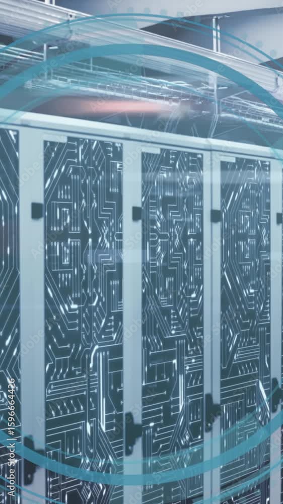 Poster animation of round scanner with copy space and microprocessor connections against server room