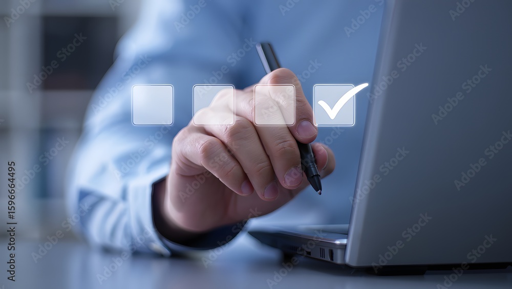 Poster businessperson completing digital checklist on laptop. concept of productivity and task management. 