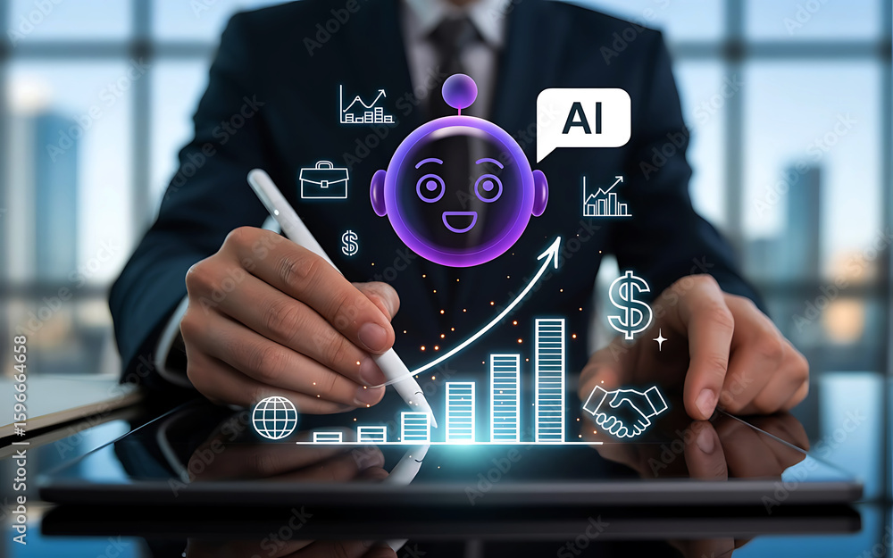 Poster businessman interacting with artificial intelligence and financial data visualization on a tablet