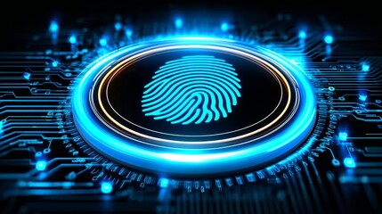 Fingerprint biometric scan on futuristic circuitry with glowing blue lights, advanced security technology