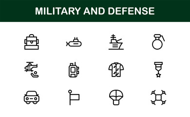 Military and Defense icons elevate branding. Modern vector line icon collection with minimal weaponry, security, tactical gear symbols, strategic emblems.