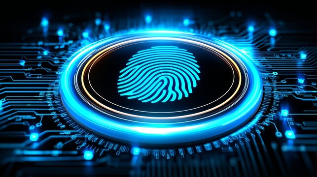Fingerprint biometric scan on futuristic circuitry with glowing blue lights, advanced security technology