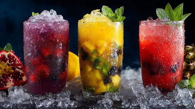 Brightly lit scene of fruity mocktails with crushed ice and garnish