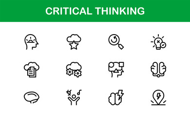 Critical Thinking Icons Vector Set – Creative Mindset, Problem Solving, Logic, Innovation, Decision Making, Idea Concept Line Illustrations