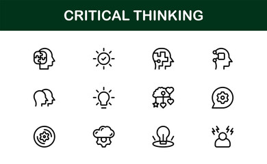 Critical Thinking Icons Vector Set – Creative Mindset, Problem Solving, Logic, Innovation, Decision Making, Idea Concept Line Illustrations