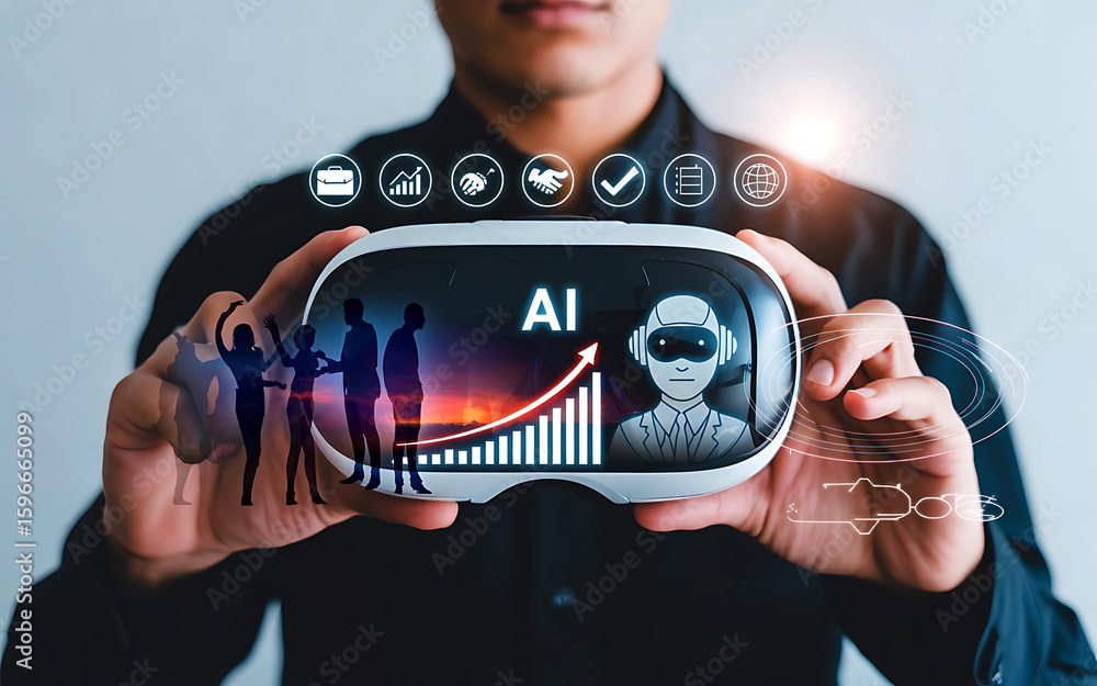 Poster man holding virtual reality headset displaying ai technology and business growth chart