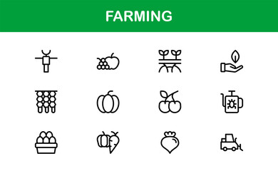 Farming Icons Collection Featuring Vector Illustrations of Agriculture Tools, Plants, Animals, and Harvest Elements