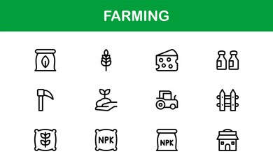 Farming Icons Collection Featuring Vector Illustrations of Agriculture Tools, Plants, Animals, and Harvest Elements