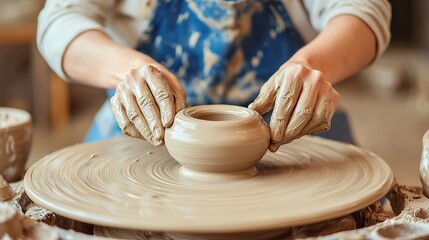 Woman working on a pottery wheel, focused, creative craft, tactile
