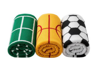 Rolled sport-themed towels with ball patterns
