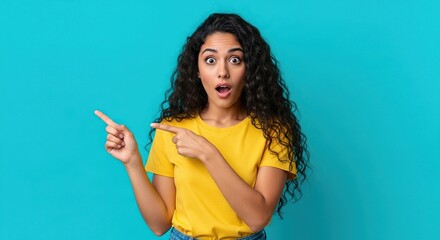 Surprised Young Woman Pointing Fingers Left and Right Against a Blue Background Expression of Shock