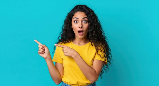 Surprised Young Woman Pointing Fingers Left and Right Against a Blue Background Expression of Shock