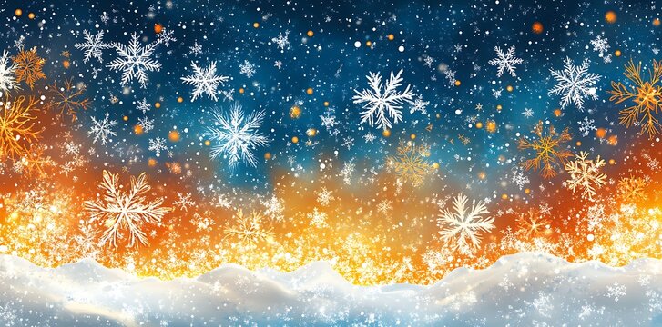 Falling snowflakes with glowing orange and blue background winter blizzard