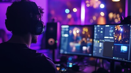 Obraz premium Person working on a dual monitor setup in a dimly lit room.