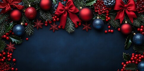 Festive Christmas Decorations Red Blue Ornaments Pine Cones Holly Berries image