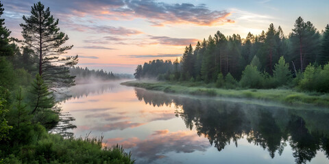 Fototapeta premium Serene Forest River at Dawn with Misty Reflections.