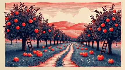Apple orchard with fruit trees, ladders, and a path, illustrated in retro style