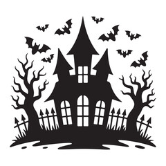 Haunted house silhouette with flying bats, spooky trees, and fence for Halloween vector illustration