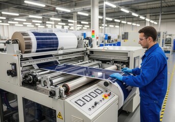 Operator adjusts tension on roll to roll printer in modern manufacturing facility