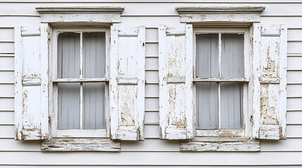 Two white window shutters on a white clapboard wall.