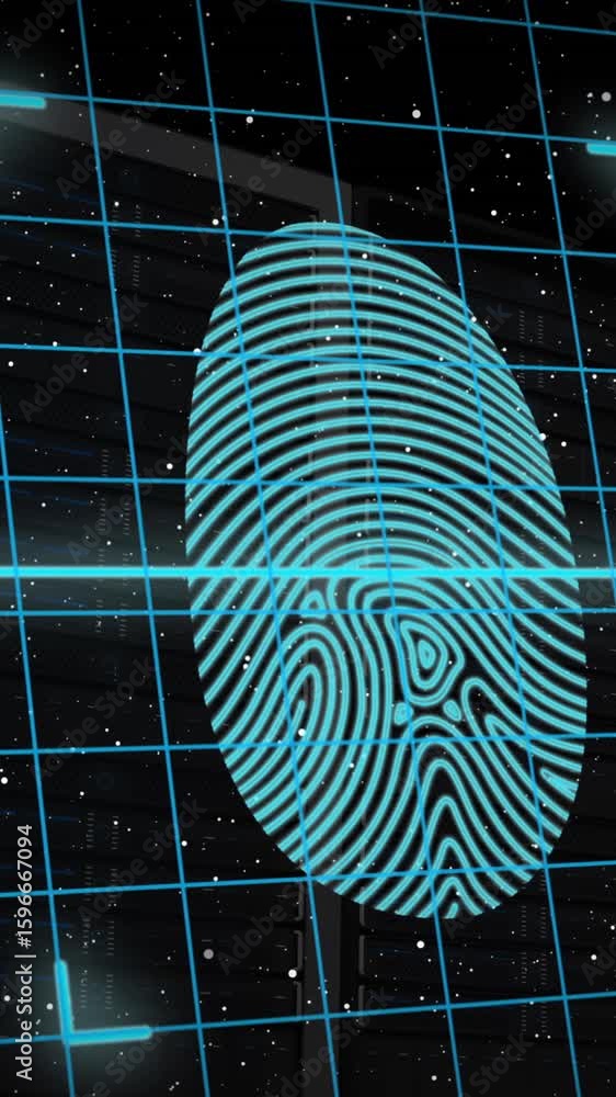 Poster animation of fingerprint and padlock in shield with server racks over space in background