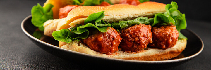 Meatball sandwich fast food meat dish fresh delicious gourmet food background on the table rustic food top view copy space