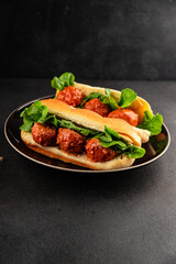 Meatball sandwich fast food meat dish fresh delicious gourmet food background on the table rustic food top view copy space