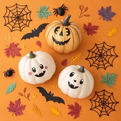 Flat Lay of White Pumpkins with Halloween Decorations on Orange Background