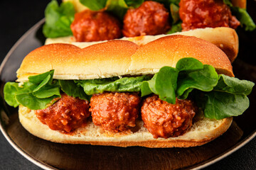 Meatball sandwich fast food meat dish fresh delicious gourmet food background on the table rustic food top view copy space
