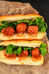 Meatball sandwich fast food meat dish fresh delicious gourmet food background on the table rustic food top view copy space