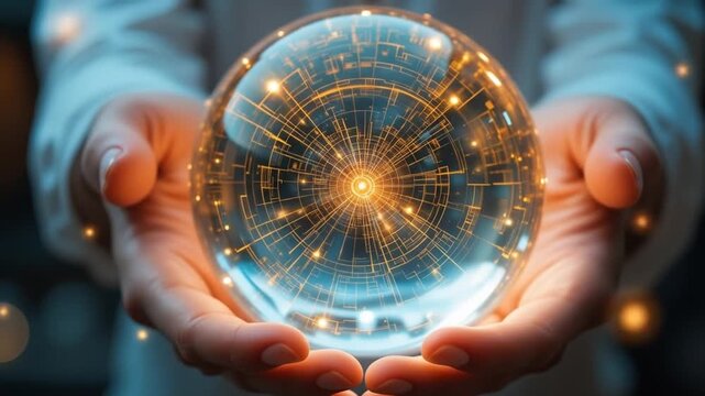 Holding Glowing Crystal Ball in Hands Representing Future Technology