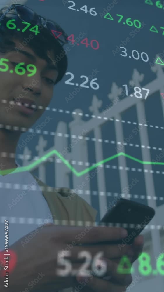 Poster animation of trading board over low angle view of man using smartphone